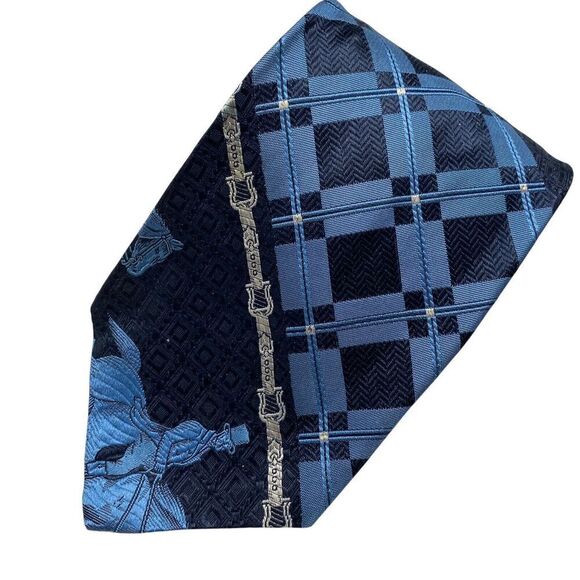Vtg The Custom Shop Mens Tie Necktie Wide Silk Blue Equestrian Horse and Rider - Picture 1 of 7
